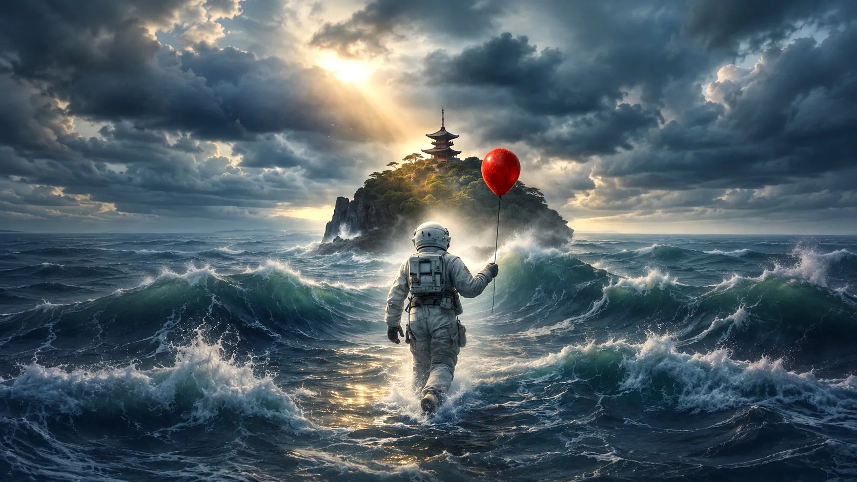 An astronaut walking through heavy seas toward an island temple, holding a red balloon